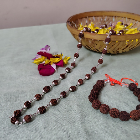 Silver finish mala + ethnic bracelet