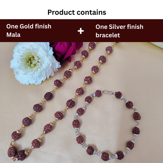Combo 5 Mukhi Gold finish mala with Silver finish bracelet