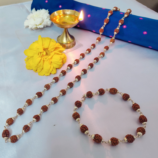Combo 5 Mukhi Silver finish mala with Silver finish bracelet