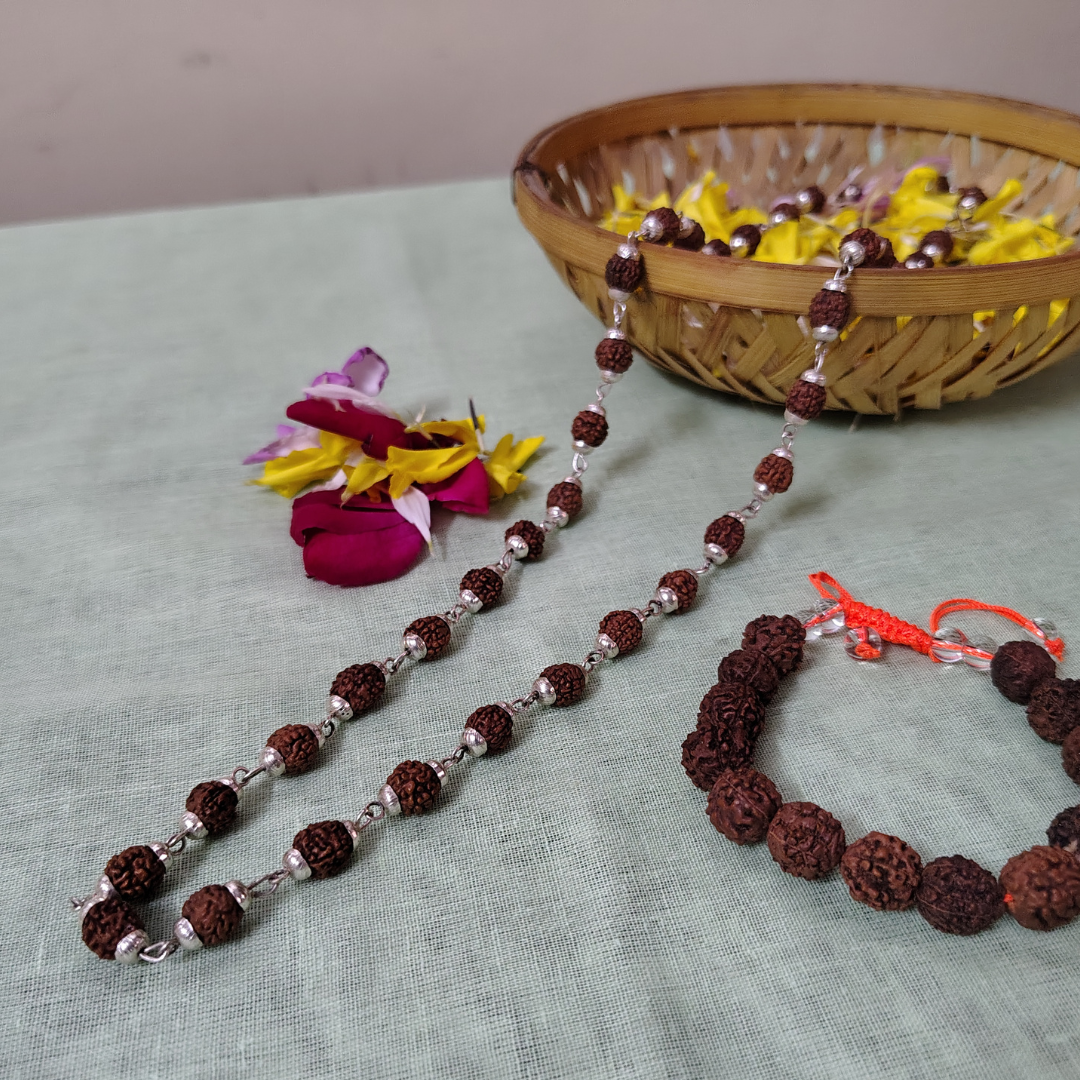 Silver finish mala + ethnic bracelet