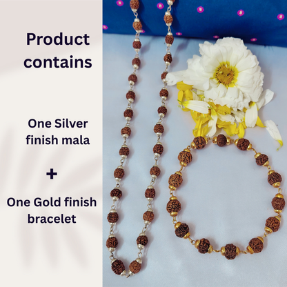 5 Mukhi Silver Mala + Gold Bracelet Combo
