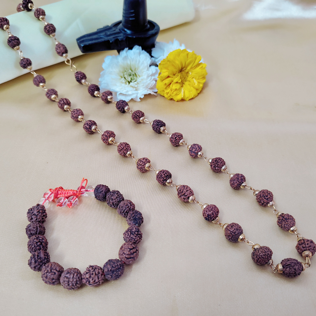 Combo offer 5 Mukhi Gold finish mala with Ethnic bracelet