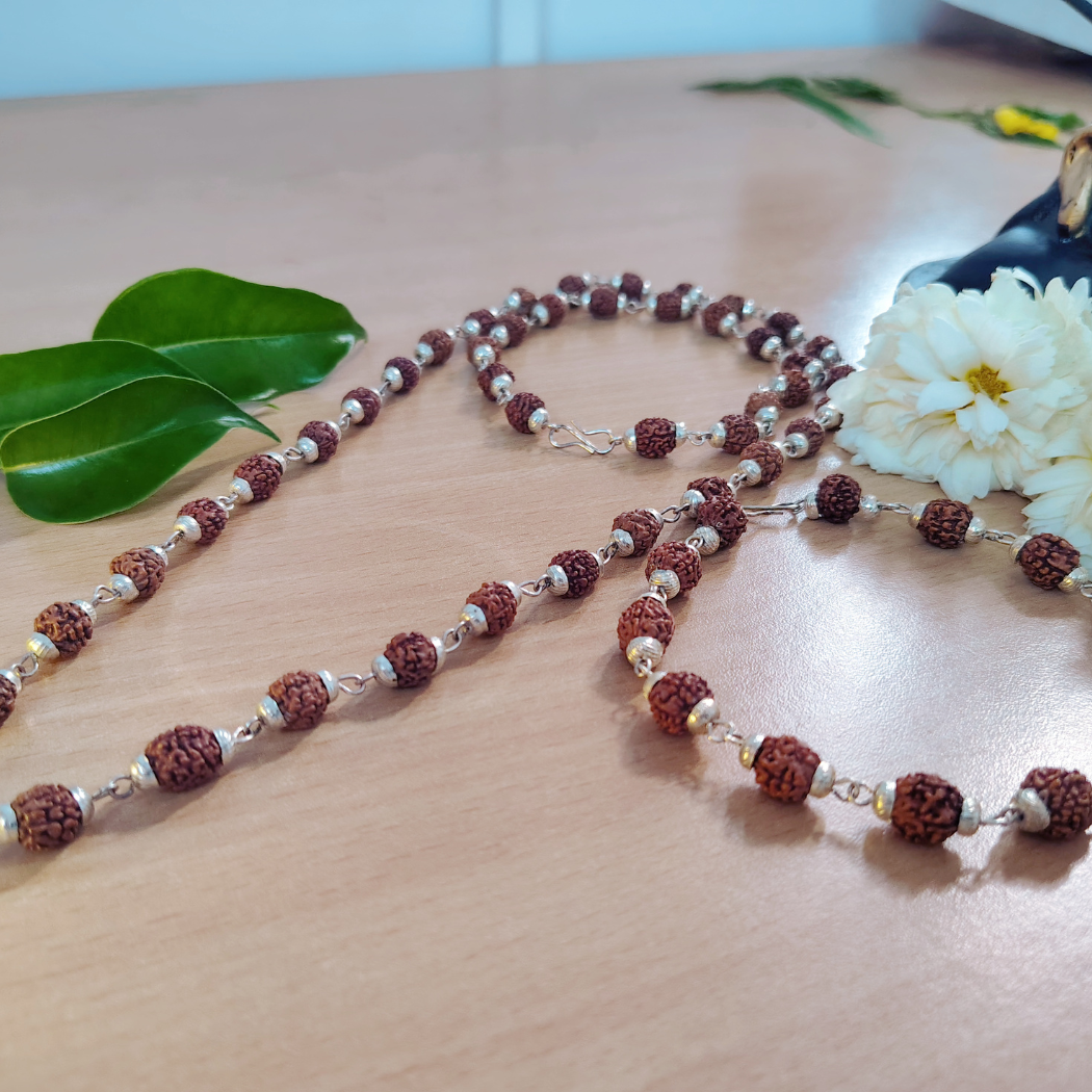 Combo 5 Mukhi Silver finish mala  with Silver finish bracelet