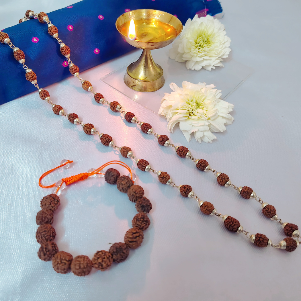 Combo 5 Mukhi Silver finish mala  with  Ethnic bracelet